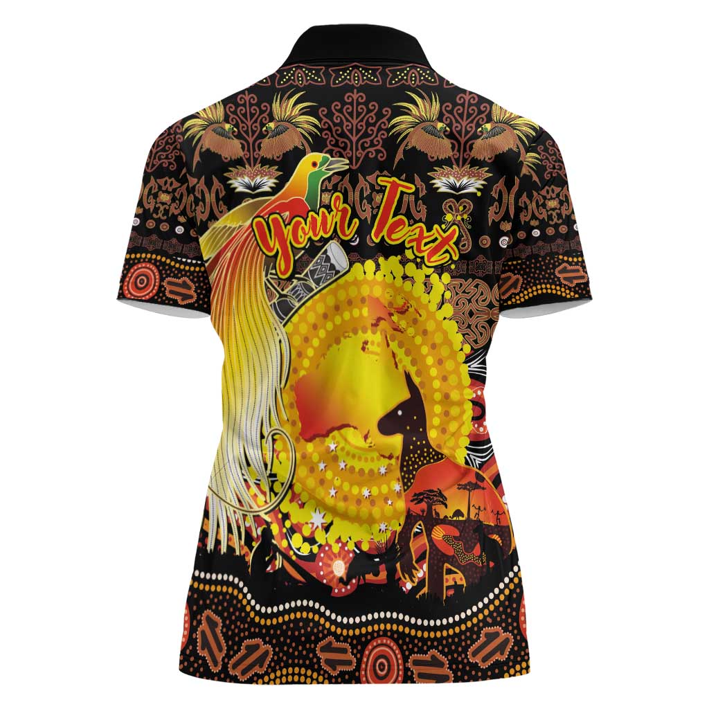 Personalized Australia and Papua New Guinea Together Women Polo Shirt Kangaroo Aboriginal Art and Bird-of-paradise Oro Tribal Motifs - Polynesian Pride