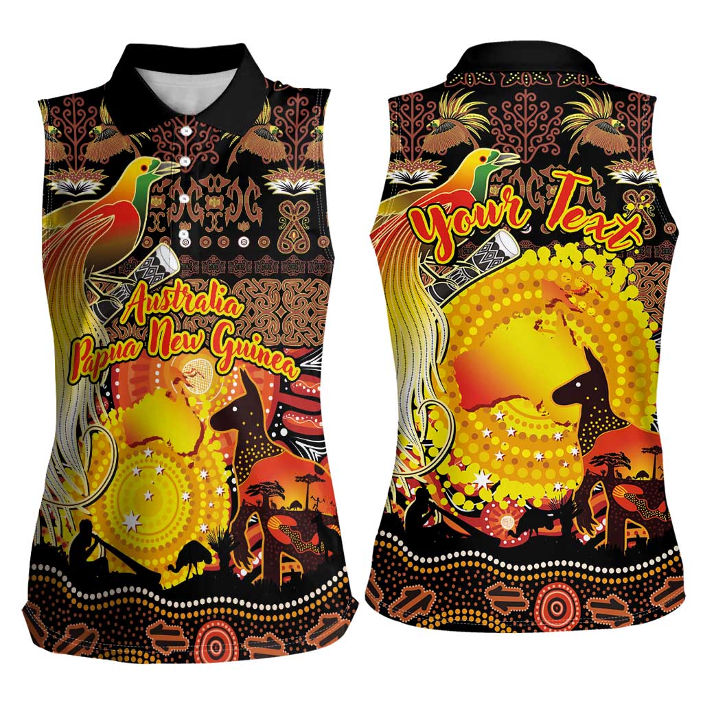 Personalized Australia and Papua New Guinea Together Women Sleeveless Polo Shirt Kangaroo Aboriginal Art and Bird-of-paradise Oro Tribal Motifs - Polynesian Pride