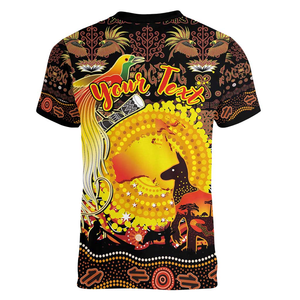 Personalized Australia and Papua New Guinea Together Women V-Neck T-Shirt Kangaroo Aboriginal Art and Bird-of-paradise Oro Tribal Motifs - Polynesian Pride