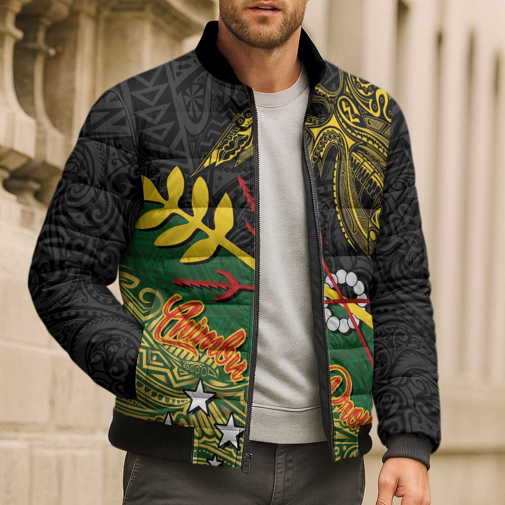Personalized Chimpu Province Papua New Guinea Bomber Puffer Jacket Bird-of-paradise Art Tattoo and Melanesian Motifs - Polynesian Pride