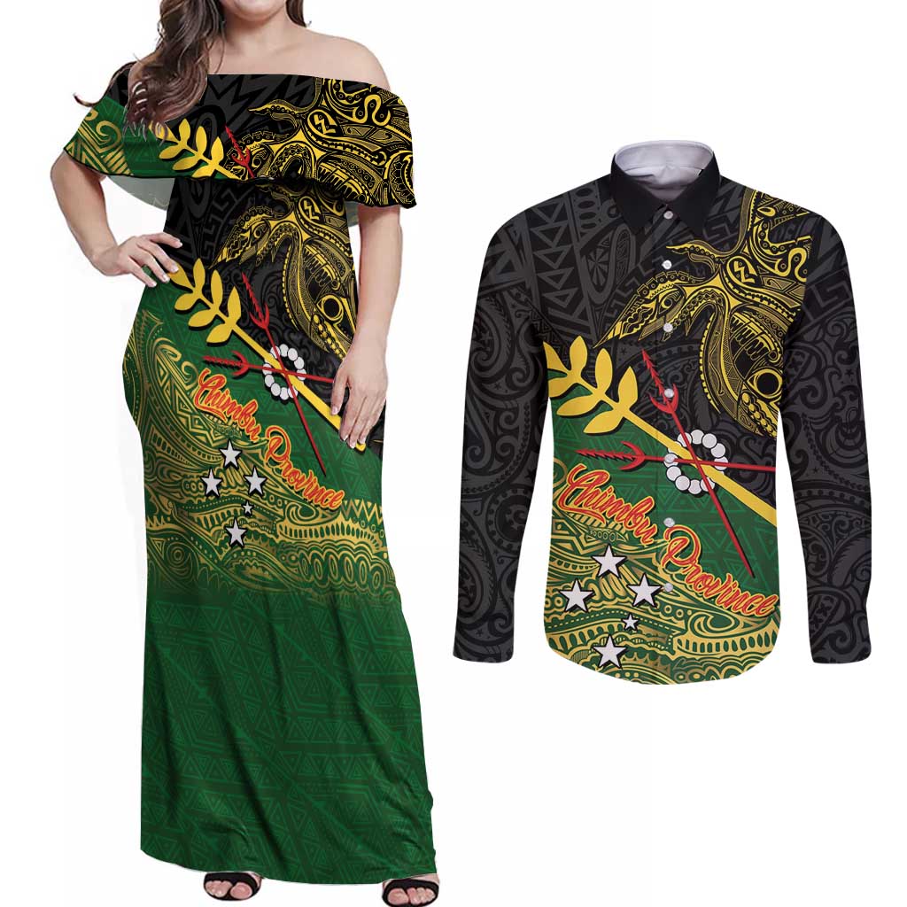 Personalized Chimpu Province Papua New Guinea Couples Matching Off Shoulder Maxi Dress and Long Sleeve Button Shirt Bird-of-paradise Art Tattoo and Melanesian Motifs - Polynesian Pride
