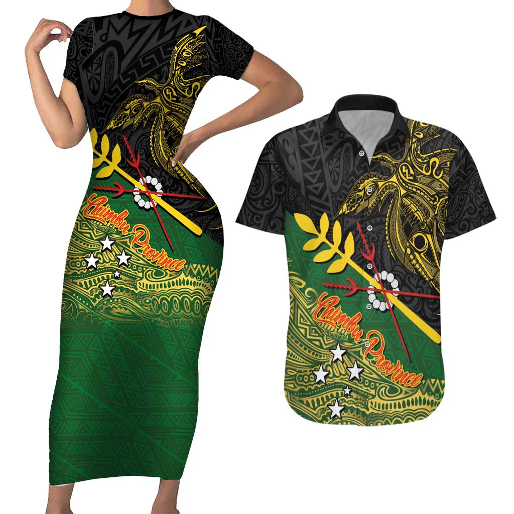 Personalized Chimpu Province Papua New Guinea Couples Matching Short Sleeve Bodycon Dress and Hawaiian Shirt Bird-of-paradise Art Tattoo and Melanesian Motifs - Polynesian Pride