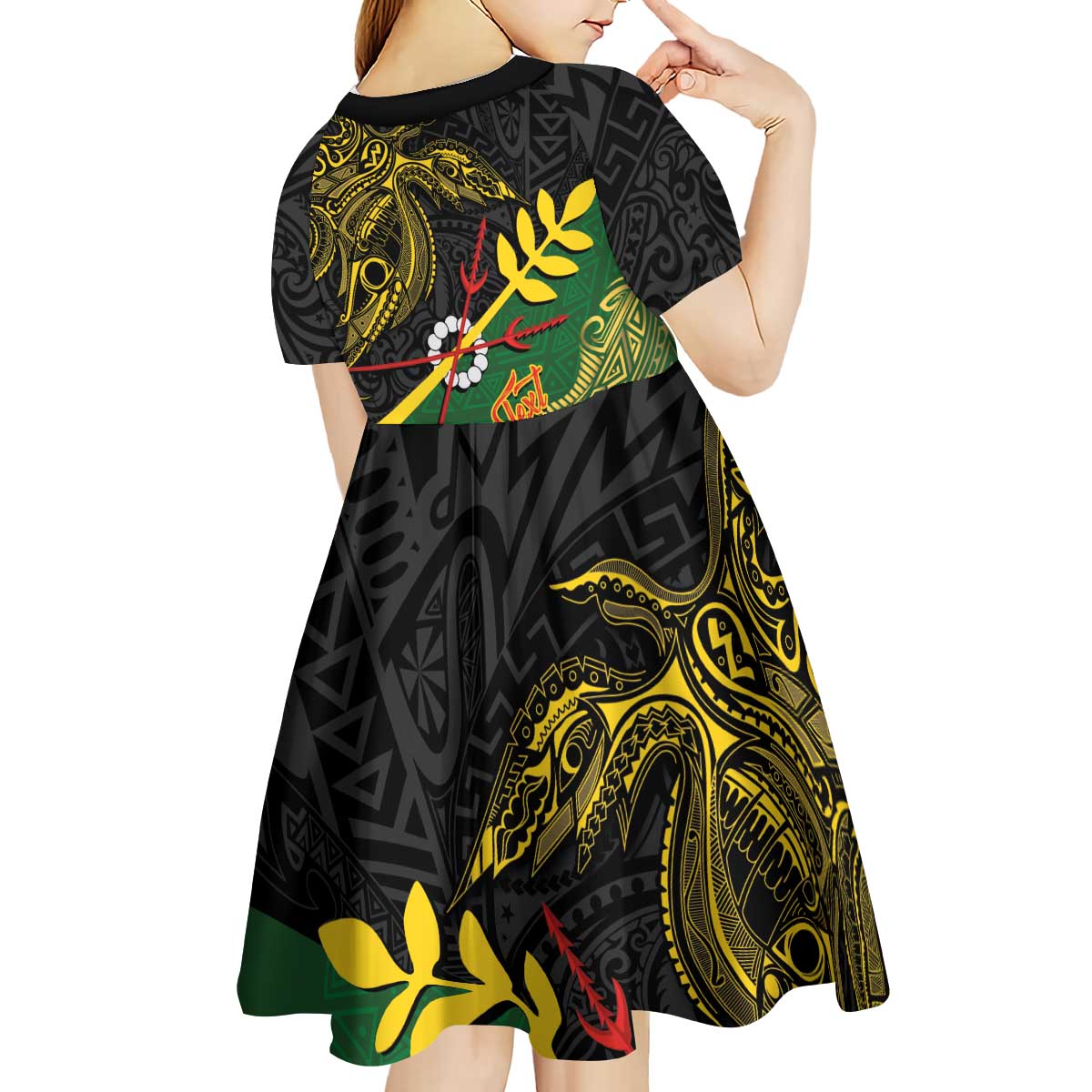 Personalized Chimpu Province Papua New Guinea Kid Short Sleeve Dress Bird-of-paradise Art Tattoo and Melanesian Motifs - Polynesian Pride