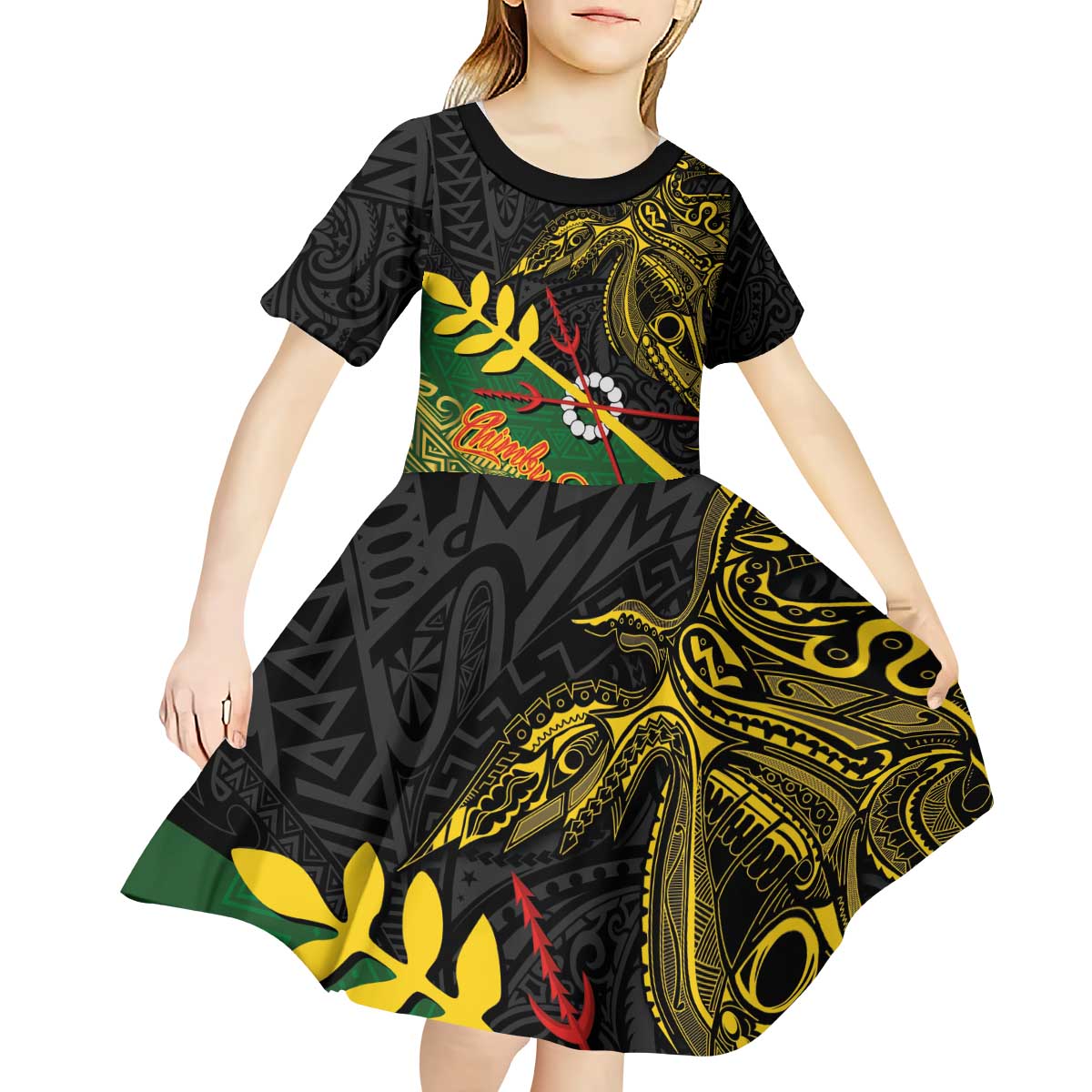 Personalized Chimpu Province Papua New Guinea Kid Short Sleeve Dress Bird-of-paradise Art Tattoo and Melanesian Motifs - Polynesian Pride