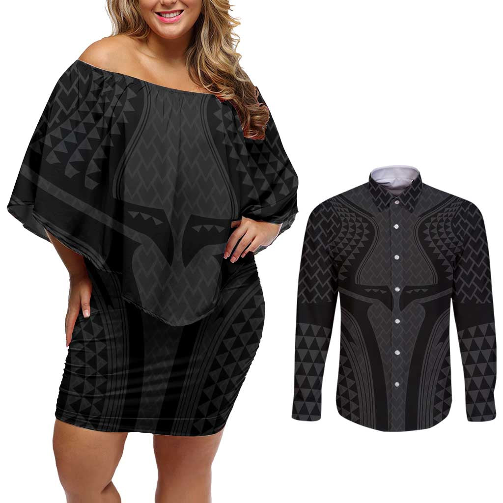 Hawaiian Kakau Art Tattoos Aquaman Style Couples Matching Off Shoulder Short Dress and Long Sleeve Button Shirt Black Version - Polynesian Pride