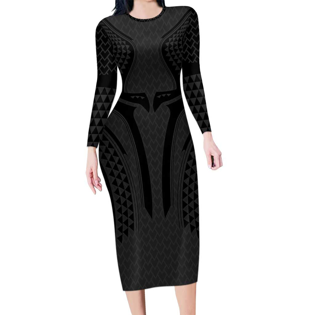 Hawaiian Kakau Art Tattoos Aquaman Style Long Sleeve Bodycon Dress Black Version - Polynesian Pride