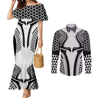 Hawaiian Kakau Art Tattoos Aquaman Style Couples Matching Mermaid Dress and Long Sleeve Button Shirt White Version - Polynesian Pride
