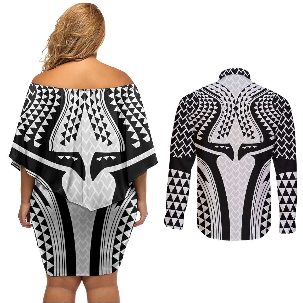 Hawaiian Kakau Art Tattoos Aquaman Style Couples Matching Off Shoulder Short Dress and Long Sleeve Button Shirt White Version - Polynesian Pride