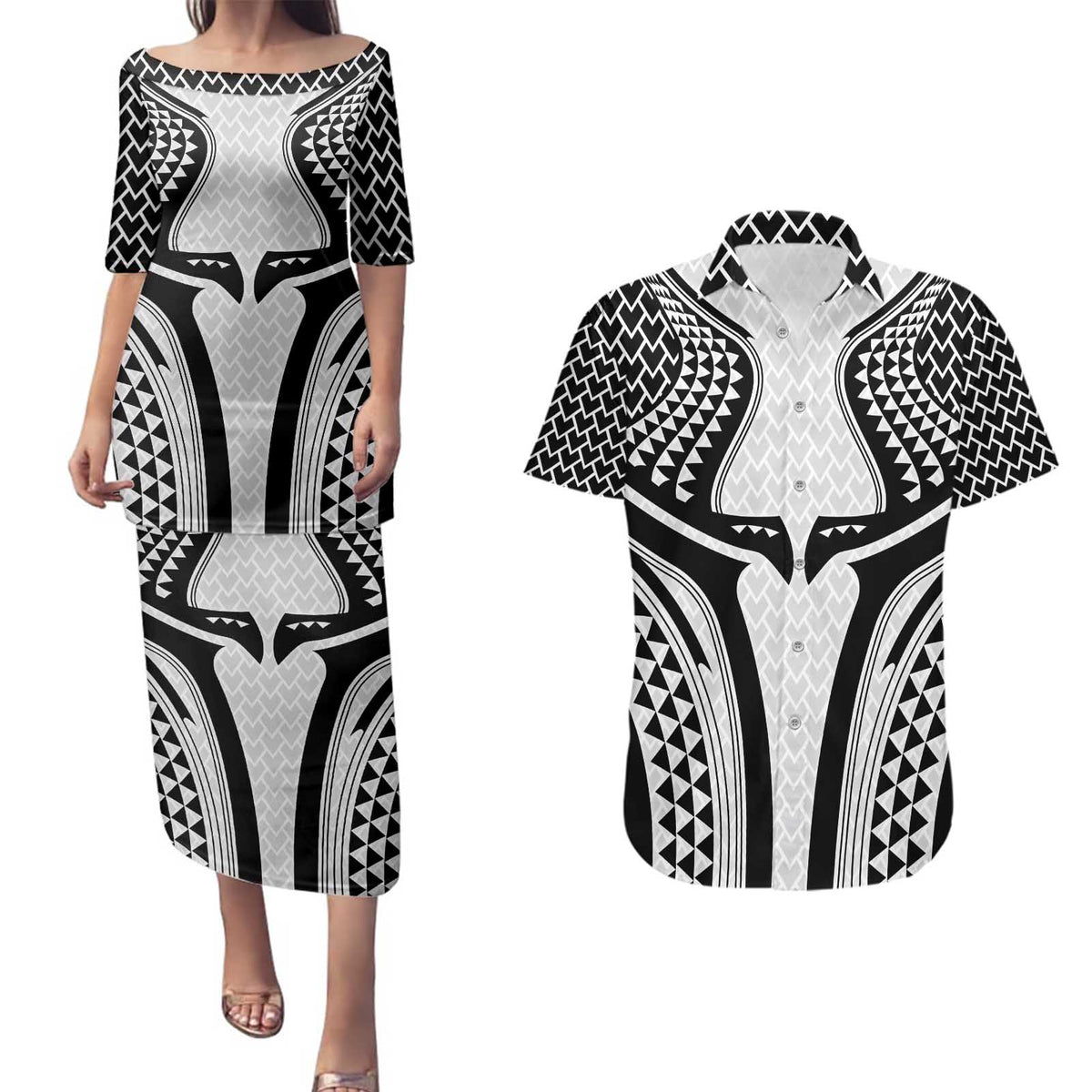 Hawaiian Kakau Art Tattoos Aquaman Style Couples Matching Puletasi and Hawaiian Shirt White Version - Polynesian Pride