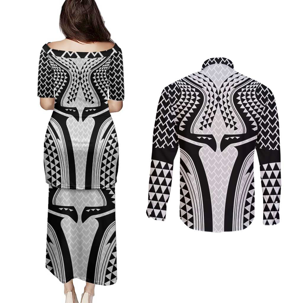 Hawaiian Kakau Art Tattoos Aquaman Style Couples Matching Puletasi and Long Sleeve Button Shirt White Version - Polynesian Pride