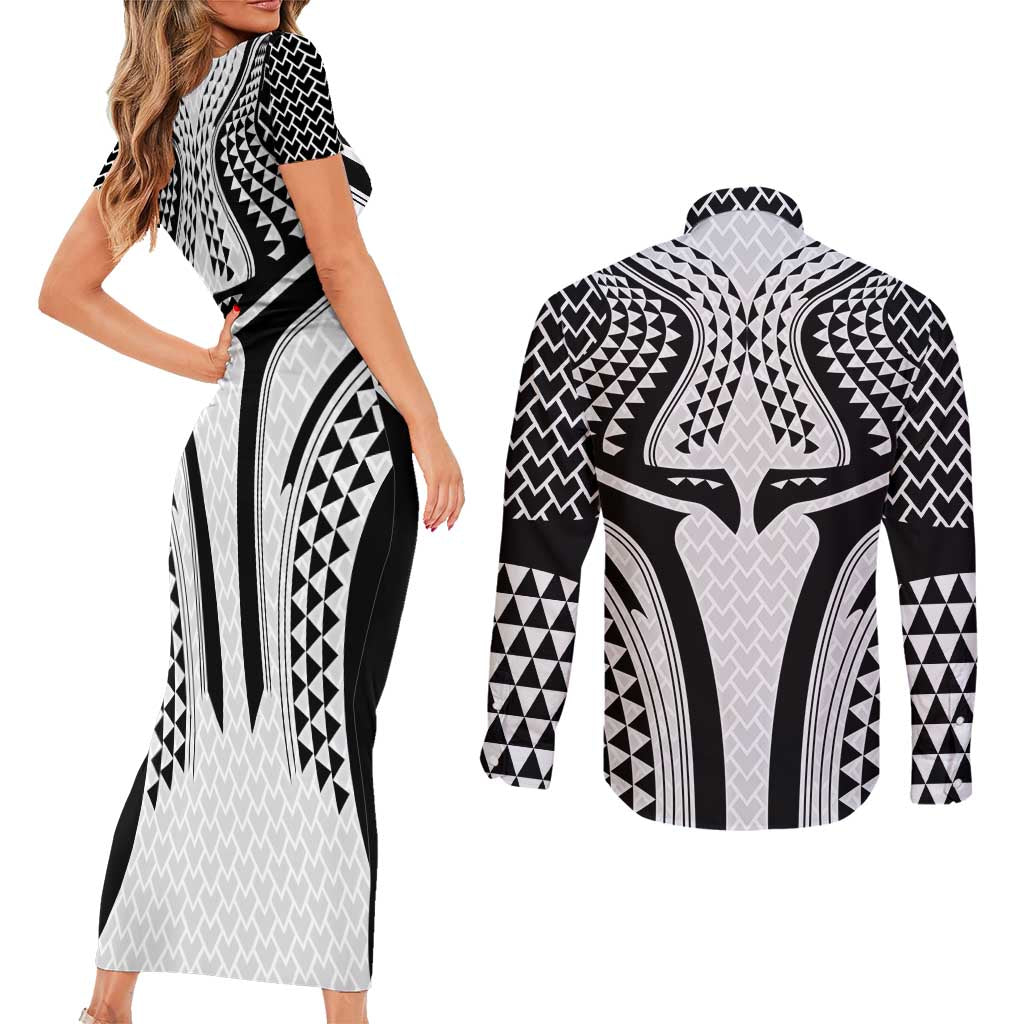 Hawaiian Kakau Art Tattoos Aquaman Style Couples Matching Short Sleeve Bodycon Dress and Long Sleeve Button Shirt White Version - Polynesian Pride