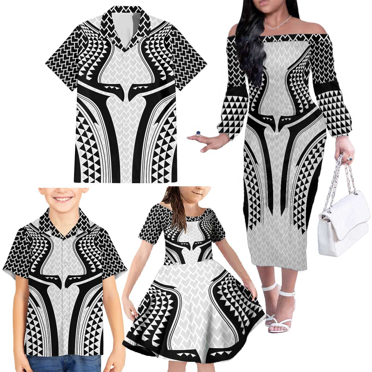 Hawaiian Kakau Art Tattoos Aquaman Style Family Matching Off The Shoulder Long Sleeve Dress and Hawaiian Shirt White Version - Polynesian Pride