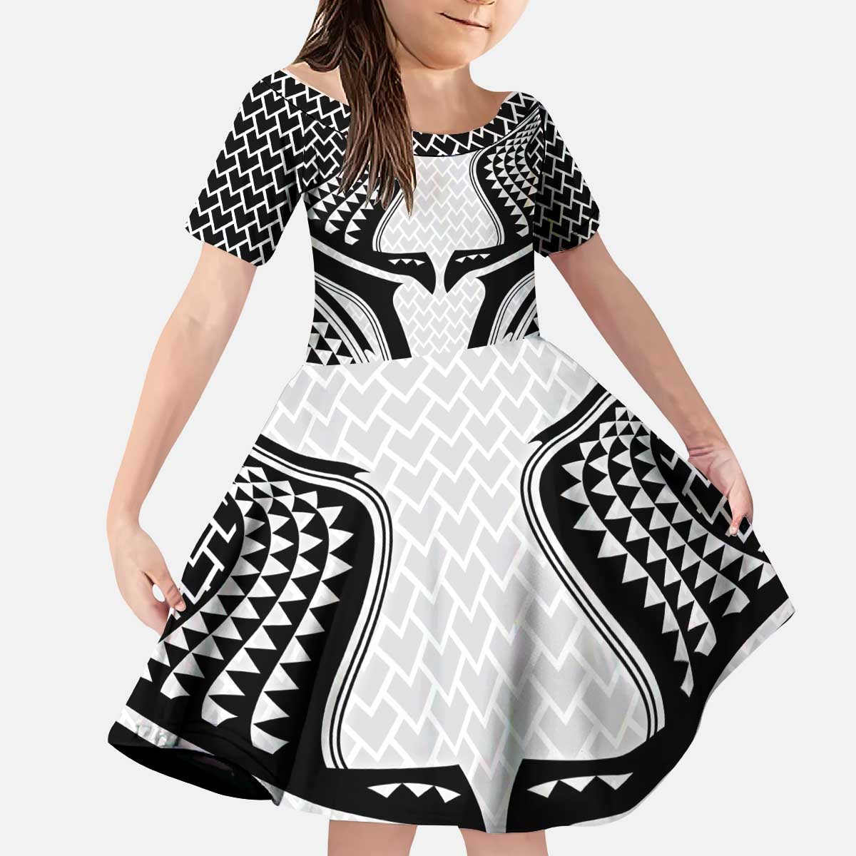 Hawaiian Kakau Art Tattoos Aquaman Style Kid Short Sleeve Dress White Version - Polynesian Pride
