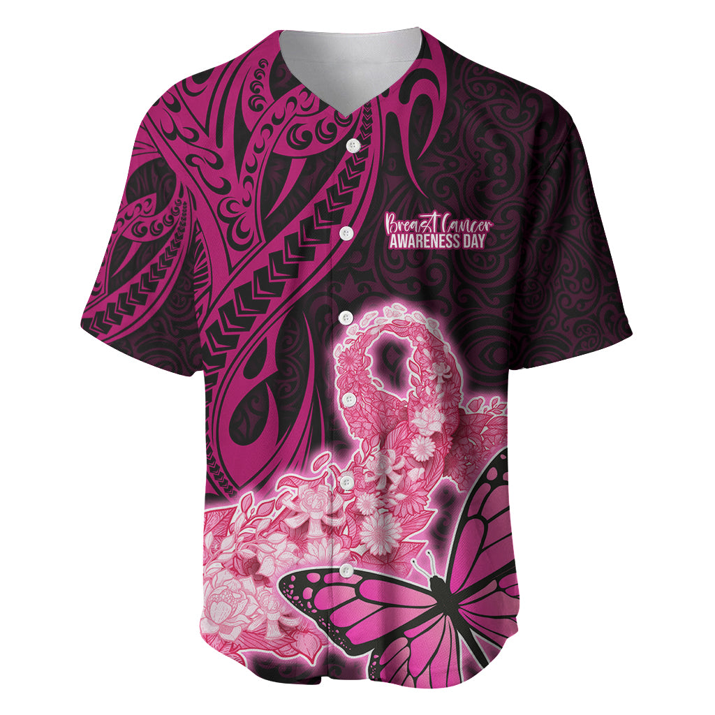 Polynesia Breast Cancer Baseball Jersey Butterfly and Flowers Ribbon Maori Tattoo Ethnic Black Style LT03 Black - Polynesian Pride