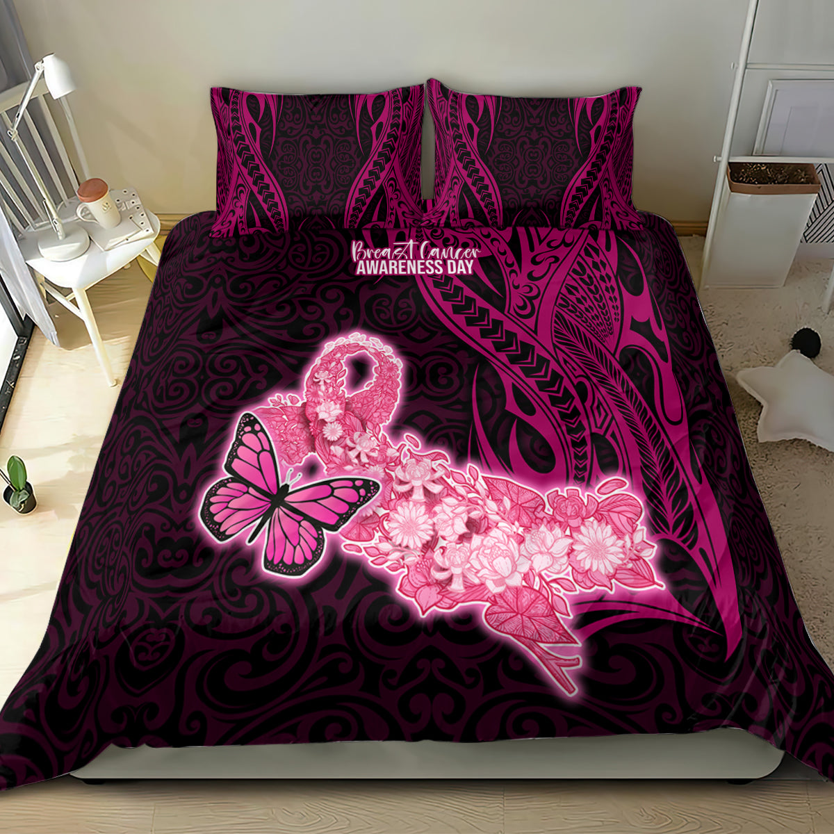 Polynesia Breast Cancer Bedding Set Butterfly and Flowers Ribbon Maori Tattoo Ethnic Black Style LT03 - Polynesian Pride