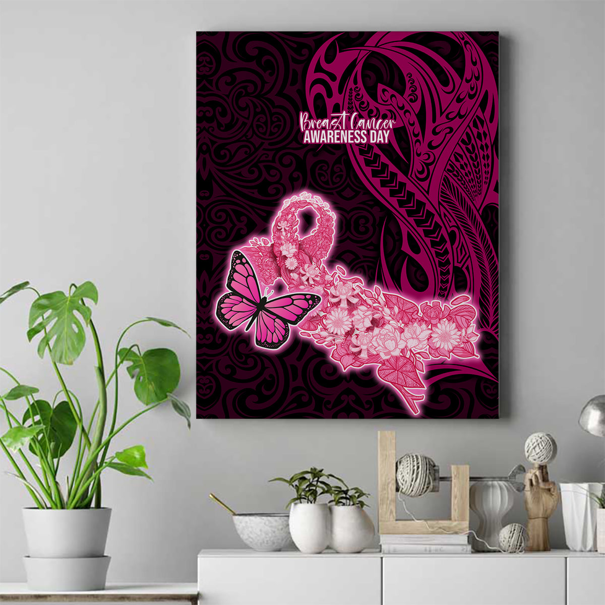 Polynesia Breast Cancer Canvas Wall Art Butterfly and Flowers Ribbon Maori Tattoo Ethnic Black Style LT03 Black - Polynesian Pride