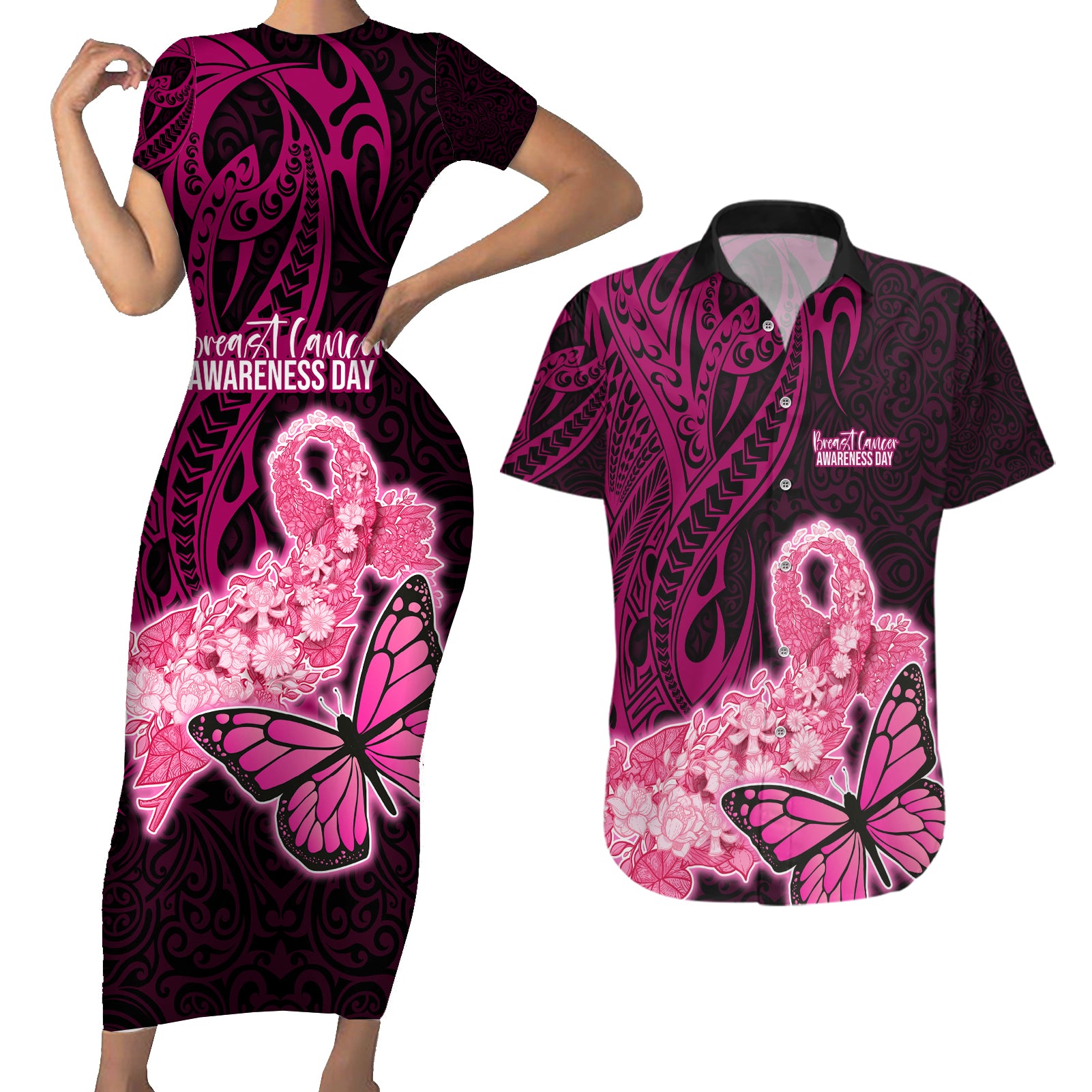 Polynesia Breast Cancer Couples Matching Short Sleeve Bodycon Dress and Hawaiian Shirt Butterfly and Flowers Ribbon Maori Tattoo Ethnic Black Style LT03 Black - Polynesian Pride