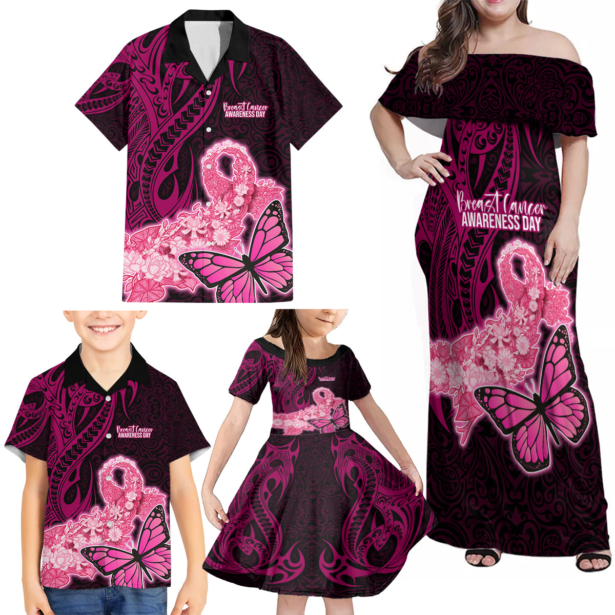 Polynesia Breast Cancer Family Matching Off Shoulder Maxi Dress and Hawaiian Shirt Butterfly and Flowers Ribbon Maori Tattoo Ethnic Black Style LT03 - Polynesian Pride