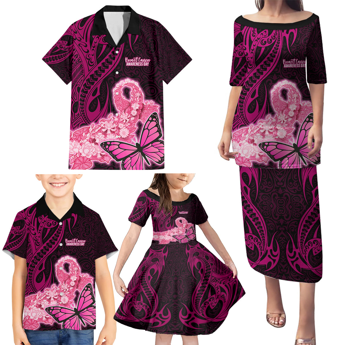 Polynesia Breast Cancer Family Matching Puletasi Dress and Hawaiian Shirt Butterfly and Flowers Ribbon Maori Tattoo Ethnic Black Style LT03 - Polynesian Pride