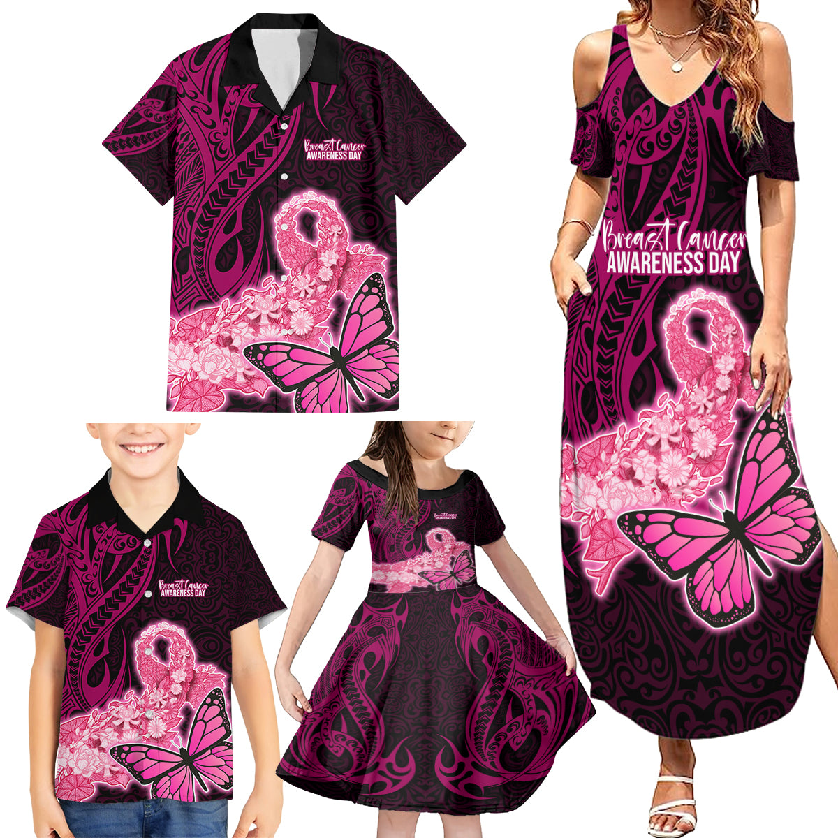 Polynesia Breast Cancer Family Matching Summer Maxi Dress and Hawaiian Shirt Butterfly and Flowers Ribbon Maori Tattoo Ethnic Black Style LT03 - Polynesian Pride