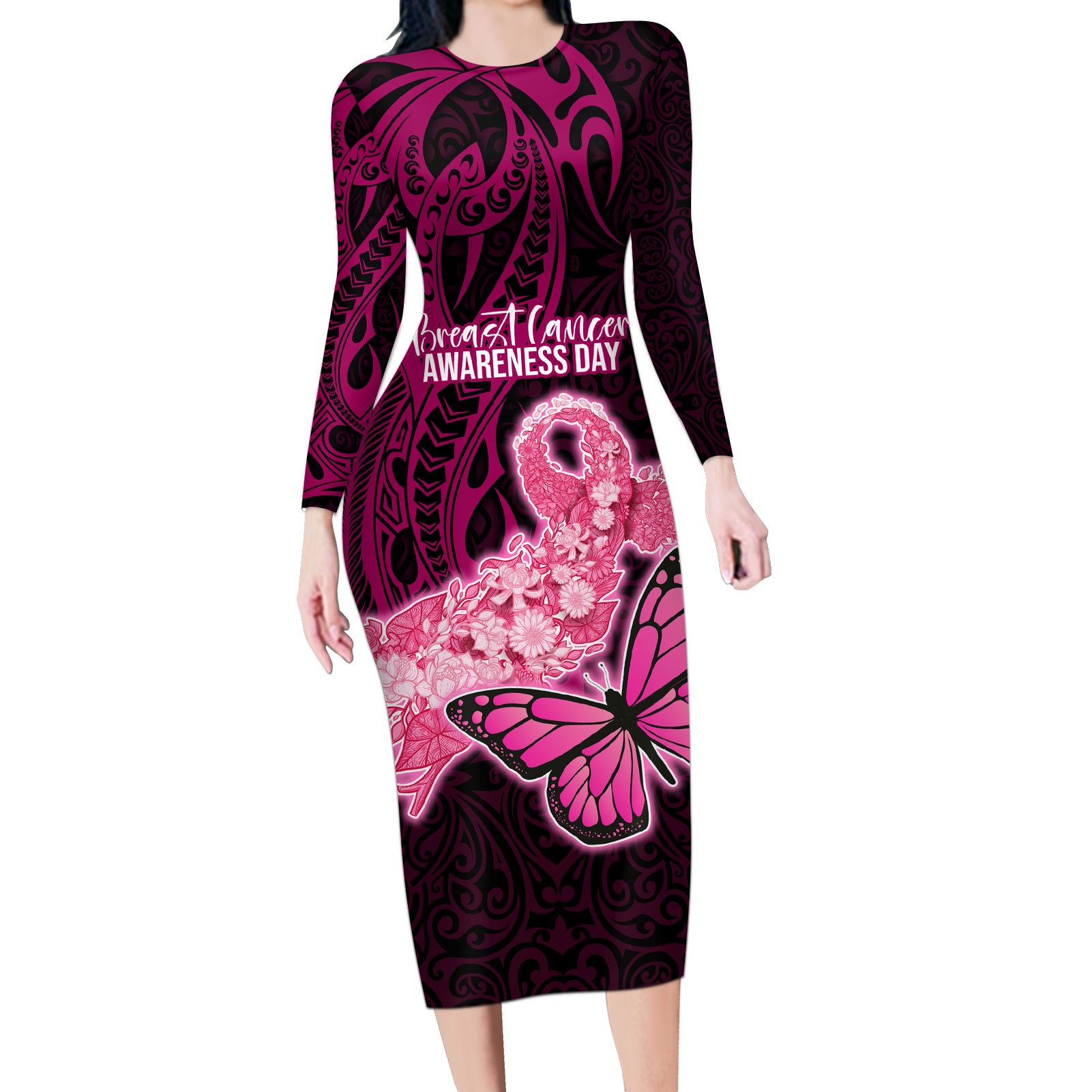 Polynesia Breast Cancer Long Sleeve Bodycon Dress Butterfly and Flowers Ribbon Maori Tattoo Ethnic Black Style LT03 Long Dress Black - Polynesian Pride