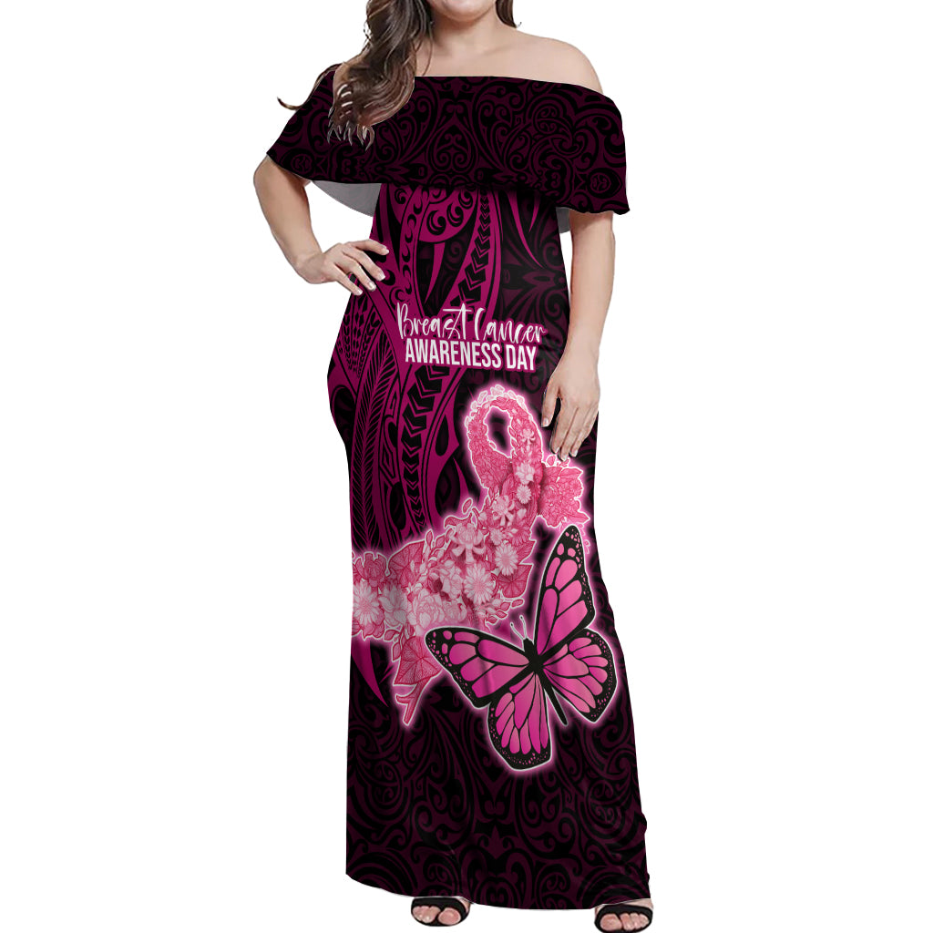 Polynesia Breast Cancer Off Shoulder Maxi Dress Butterfly and Flowers Ribbon Maori Tattoo Ethnic Black Style LT03 Women Black - Polynesian Pride