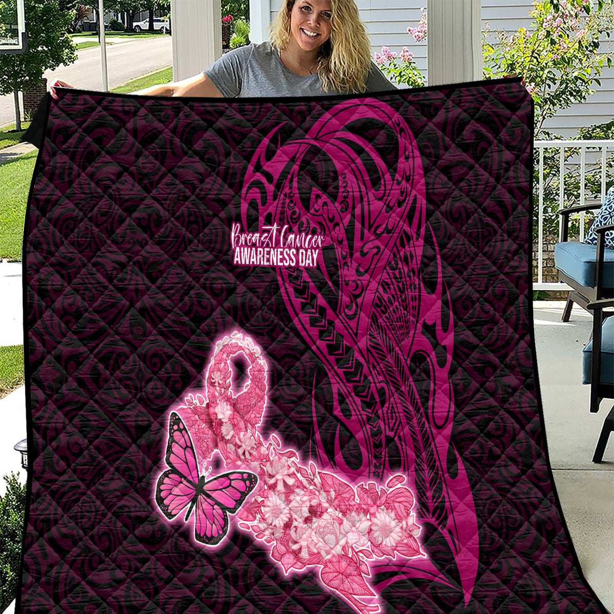 Polynesia Breast Cancer Quilt Butterfly and Flowers Ribbon Maori Tattoo Ethnic Black Style LT03 Black - Polynesian Pride