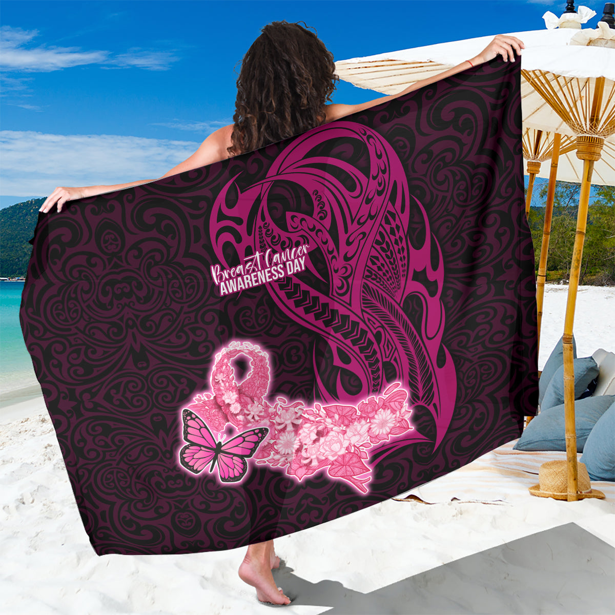 Polynesia Breast Cancer Sarong Butterfly and Flowers Ribbon Maori Tattoo Ethnic Black Style LT03 One Size 44 x 66 inches Black - Polynesian Pride