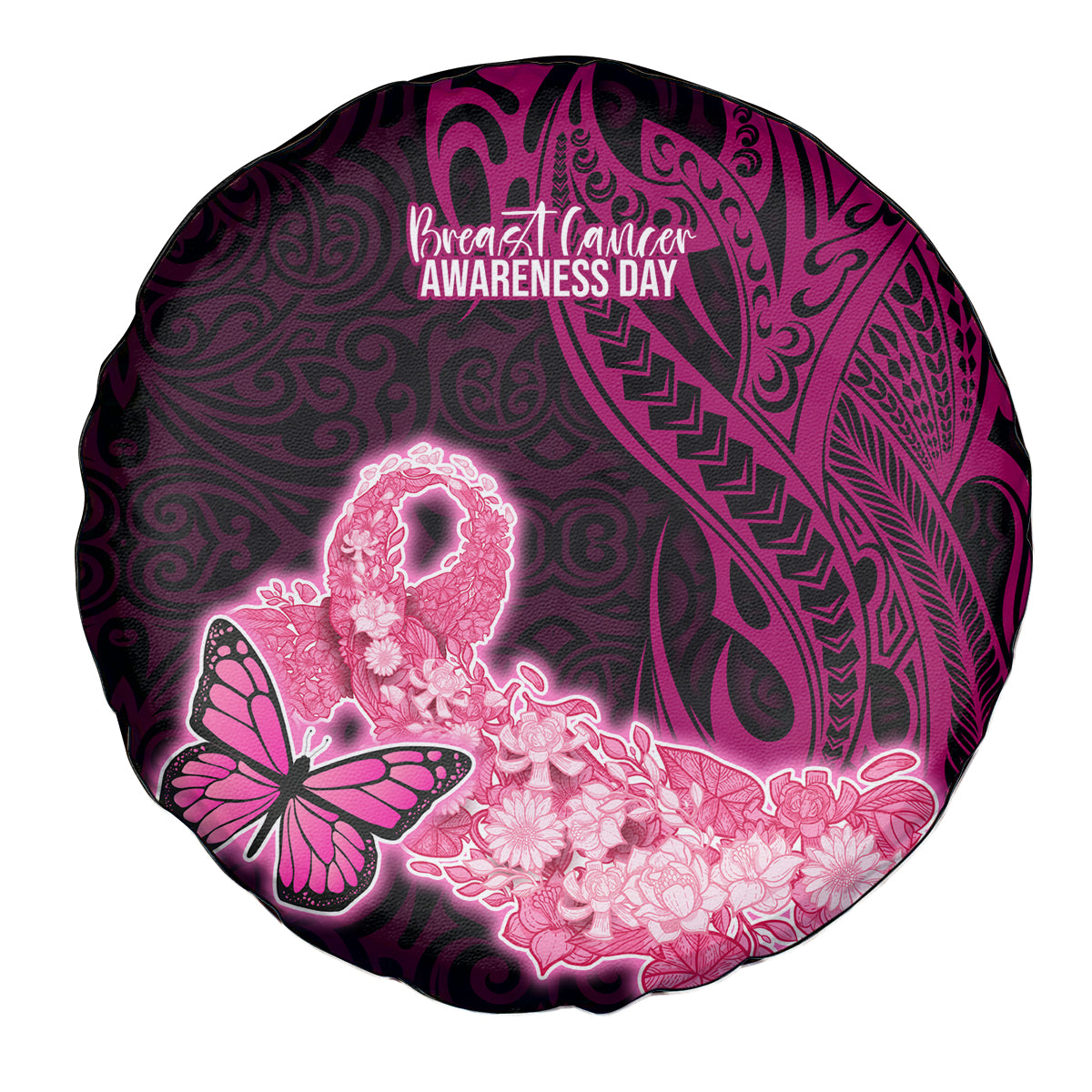 Polynesia Breast Cancer Spare Tire Cover Butterfly and Flowers Ribbon Maori Tattoo Ethnic Black Style LT03 Black - Polynesian Pride