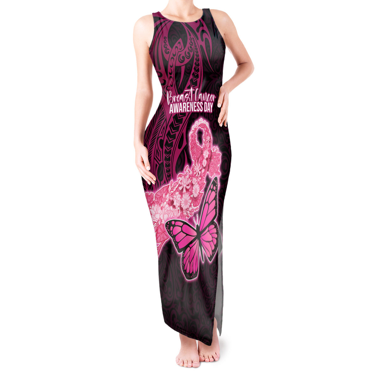 Polynesia Breast Cancer Tank Maxi Dress Butterfly and Flowers Ribbon Maori Tattoo Ethnic Black Style LT03 Women Black - Polynesian Pride