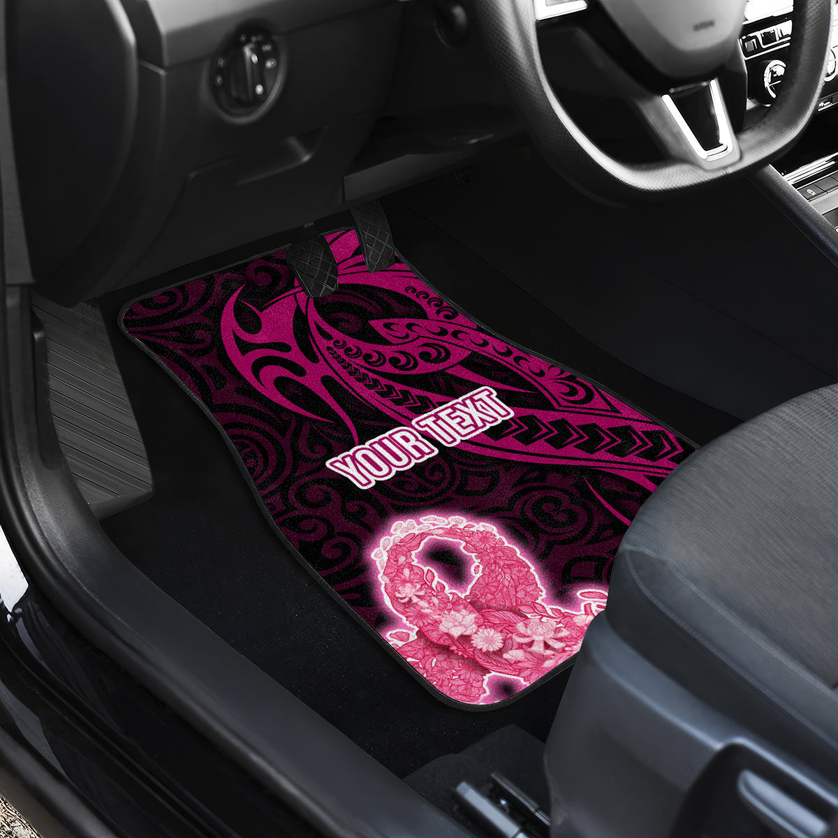 Custom Polynesia Breast Cancer Car Mats Butterfly and Flowers Ribbon Maori Tattoo Ethnic Black Style LT03 - Polynesian Pride