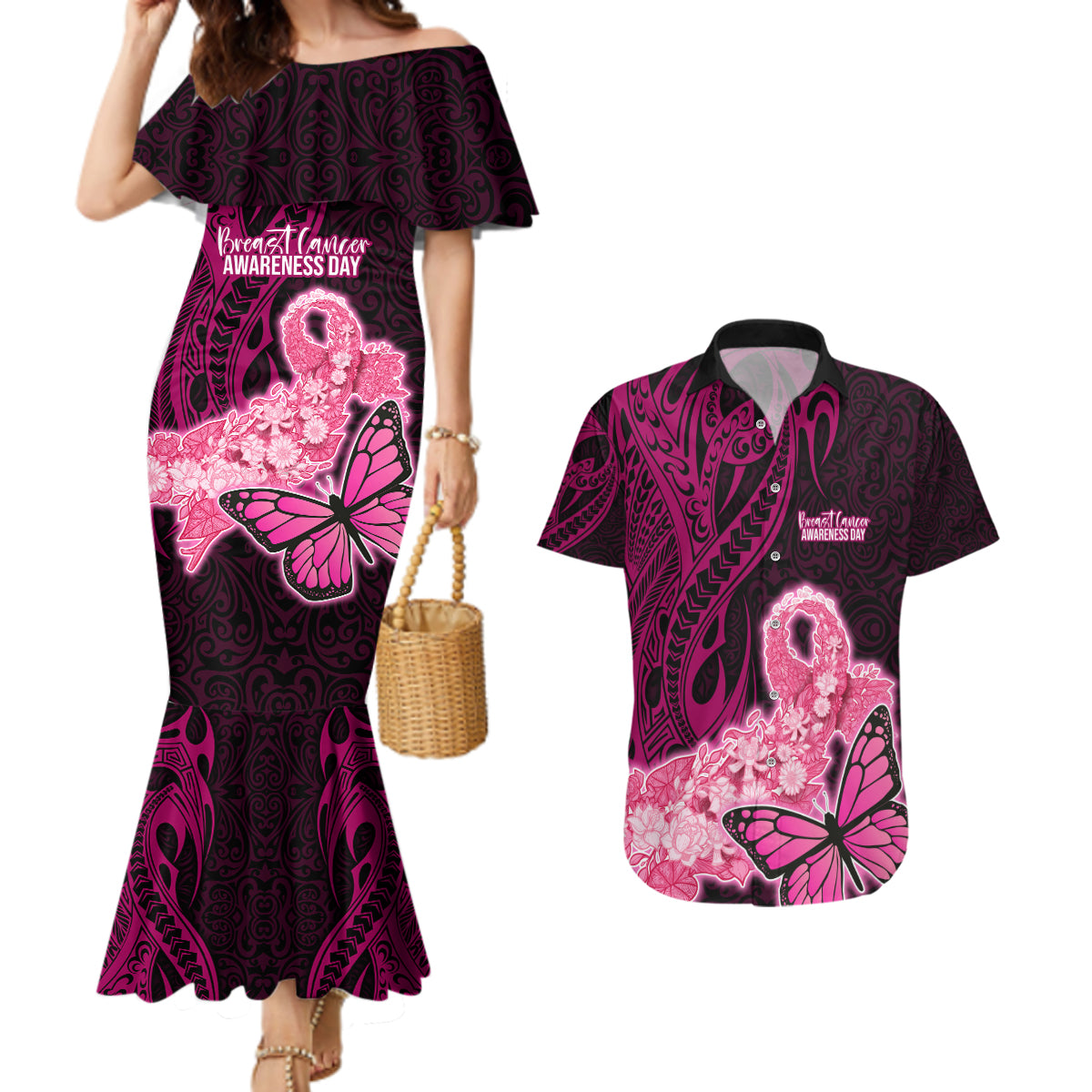 Custom Polynesia Breast Cancer Couples Matching Mermaid Dress and Hawaiian Shirt Butterfly and Flowers Ribbon Maori Tattoo Ethnic Black Style LT03 Black - Polynesian Pride