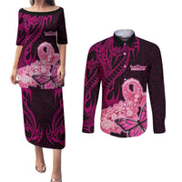Custom Polynesia Breast Cancer Couples Matching Puletasi Dress and Long Sleeve Button Shirts Butterfly and Flowers Ribbon Maori Tattoo Ethnic Black Style LT03 Black - Polynesian Pride
