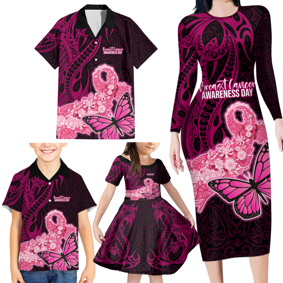 Custom Polynesia Breast Cancer Family Matching Long Sleeve Bodycon Dress and Hawaiian Shirt Butterfly and Flowers Ribbon Maori Tattoo Ethnic Black Style LT03 - Polynesian Pride