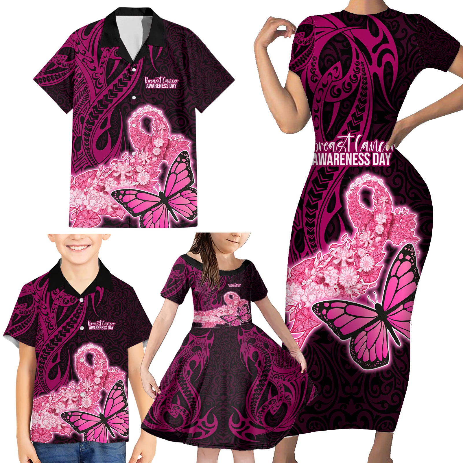 Custom Polynesia Breast Cancer Family Matching Short Sleeve Bodycon Dress and Hawaiian Shirt Butterfly and Flowers Ribbon Maori Tattoo Ethnic Black Style LT03 - Polynesian Pride