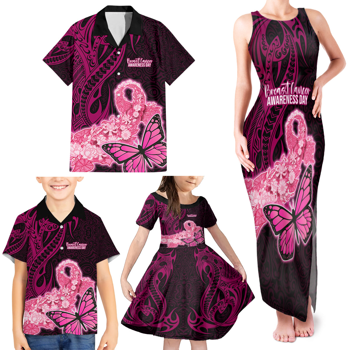 Custom Polynesia Breast Cancer Family Matching Tank Maxi Dress and Hawaiian Shirt Butterfly and Flowers Ribbon Maori Tattoo Ethnic Black Style LT03 - Polynesian Pride