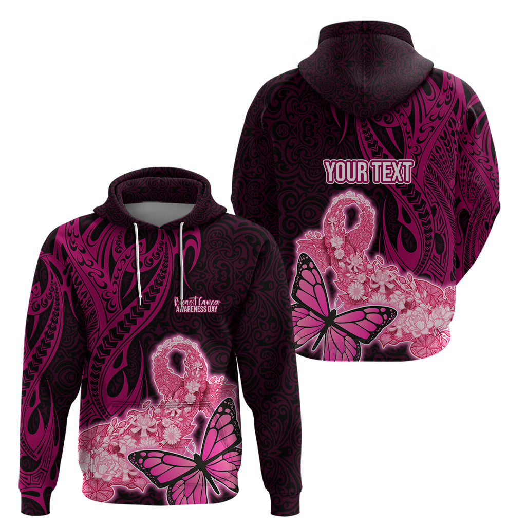 Custom Polynesia Breast Cancer Hoodie Butterfly and Flowers Ribbon Maori Tattoo Ethnic Black Style LT03 - Polynesian Pride