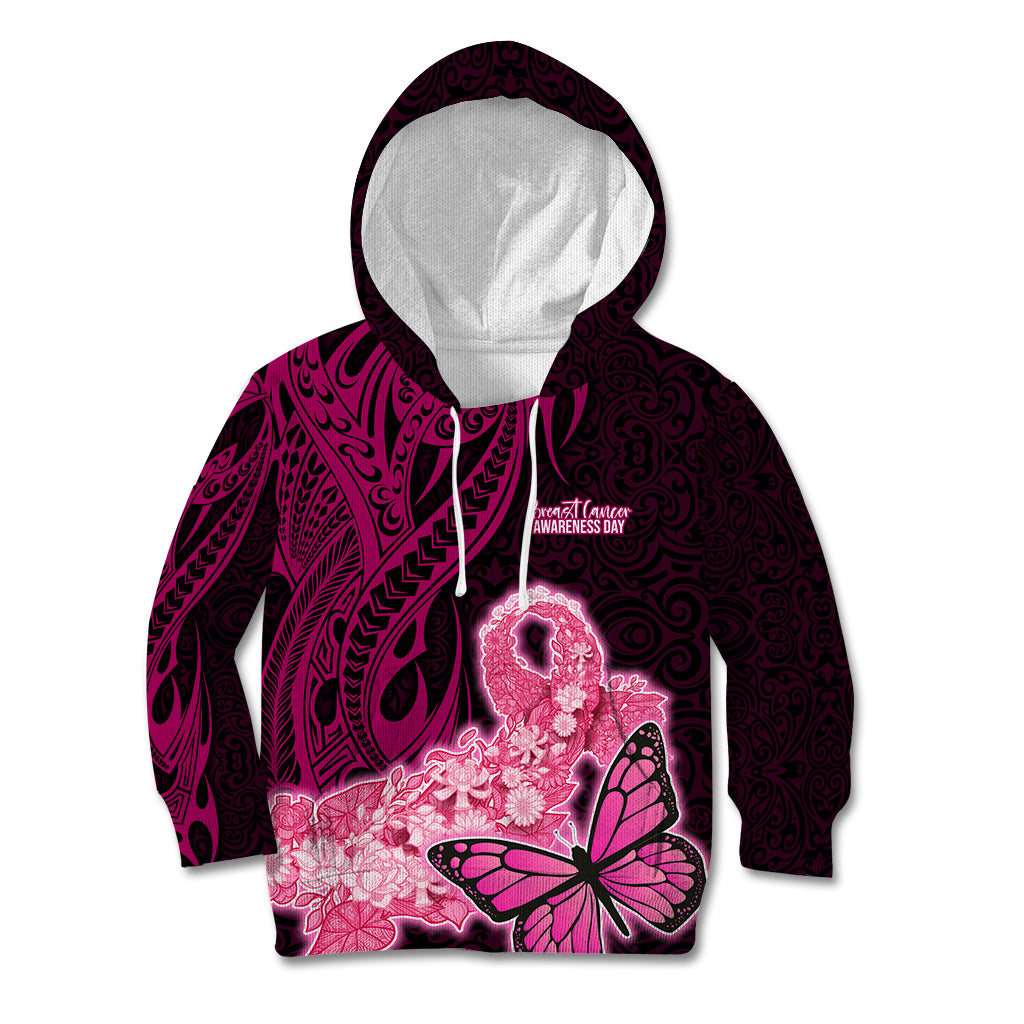 Custom Polynesia Breast Cancer Kid Hoodie Butterfly and Flowers Ribbon Maori Tattoo Ethnic Black Style LT03 Black - Polynesian Pride