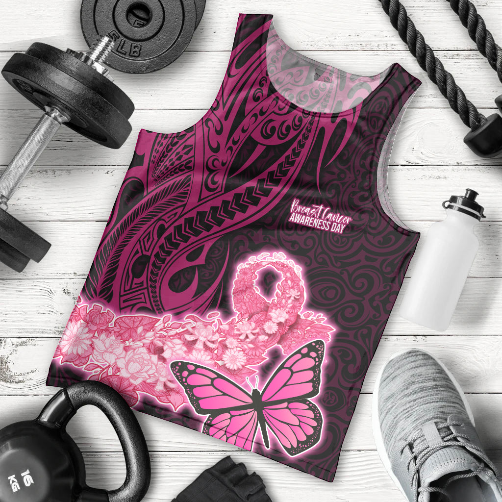 Custom Polynesia Breast Cancer Men Tank Top Butterfly and Flowers Ribbon Maori Tattoo Ethnic Black Style LT03 Black - Polynesian Pride