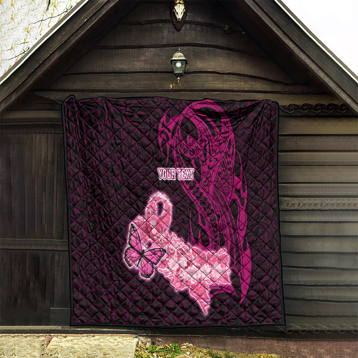 Custom Polynesia Breast Cancer Quilt Butterfly and Flowers Ribbon Maori Tattoo Ethnic Black Style LT03 - Polynesian Pride