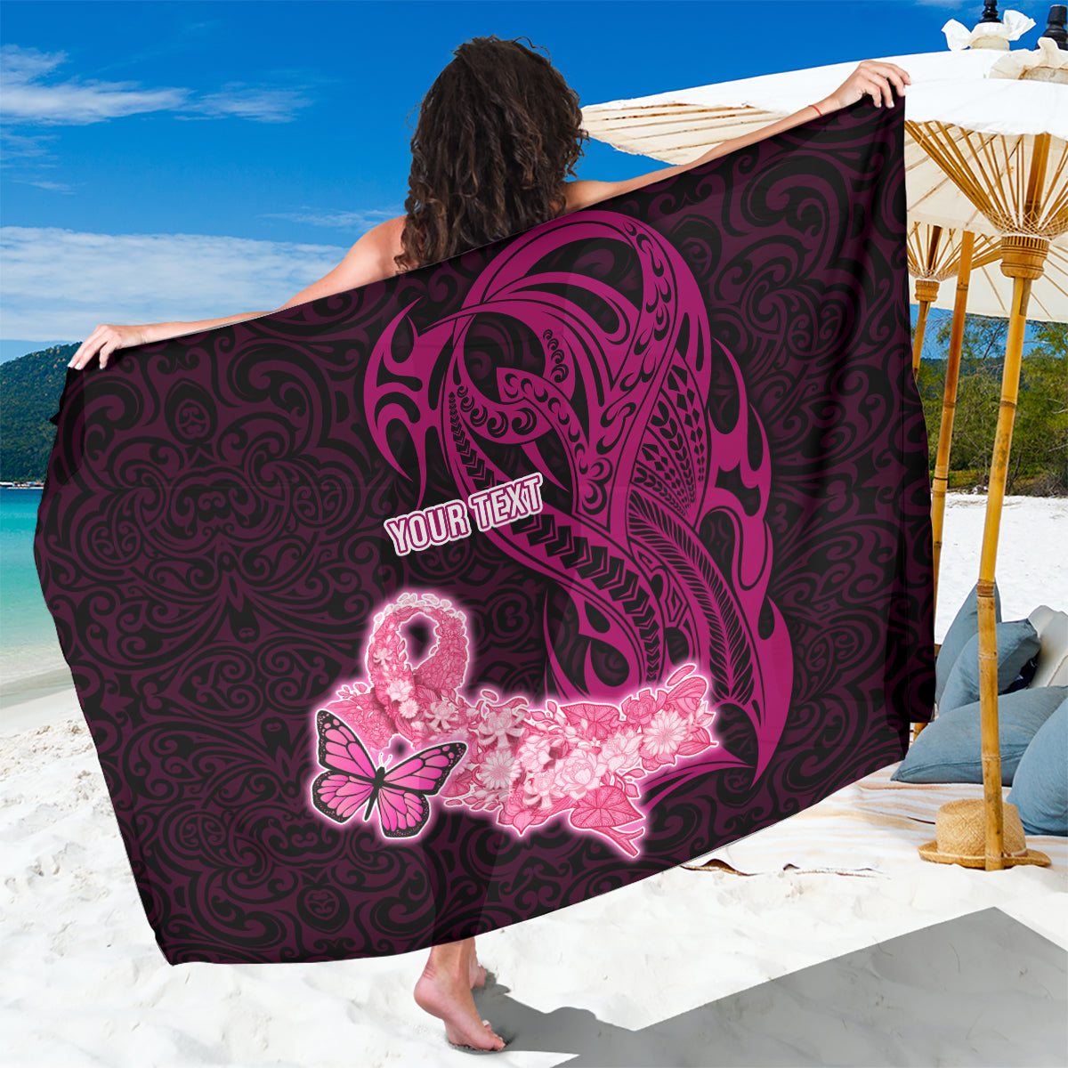 Custom Polynesia Breast Cancer Sarong Butterfly and Flowers Ribbon Maori Tattoo Ethnic Black Style LT03 One Size 44 x 66 inches Black - Polynesian Pride