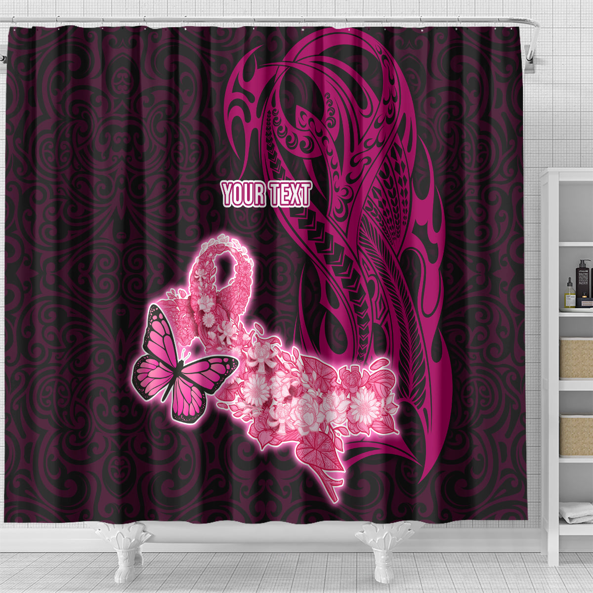 Custom Polynesia Breast Cancer Shower Curtain Butterfly and Flowers Ribbon Maori Tattoo Ethnic Black Style LT03 - Polynesian Pride
