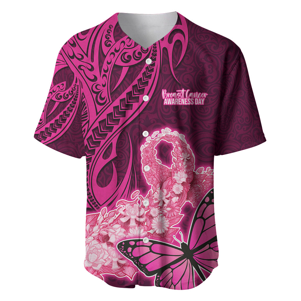 Polynesia Breast Cancer Baseball Jersey Butterfly and Flowers Ribbon Maori Tattoo Ethnic Pink Style LT03 Pink - Polynesian Pride