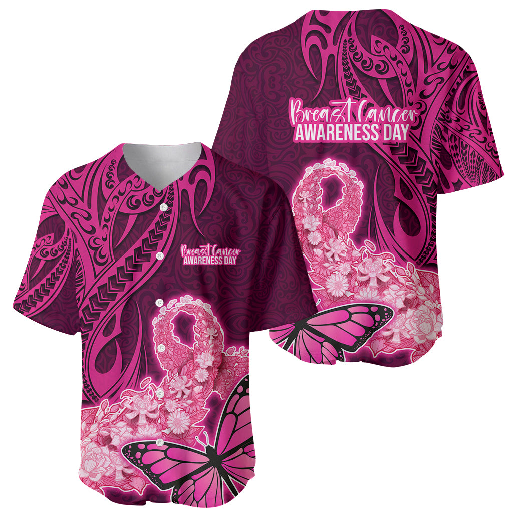Polynesia Breast Cancer Baseball Jersey Butterfly and Flowers Ribbon Maori Tattoo Ethnic Pink Style LT03 - Polynesian Pride