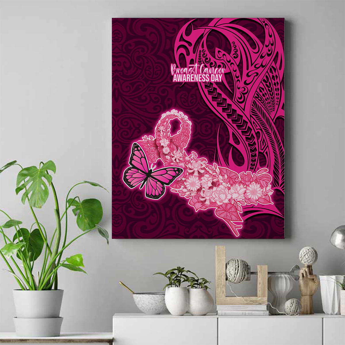 Polynesia Breast Cancer Canvas Wall Art Butterfly and Flowers Ribbon Maori Tattoo Ethnic Pink Style LT03 Pink - Polynesian Pride