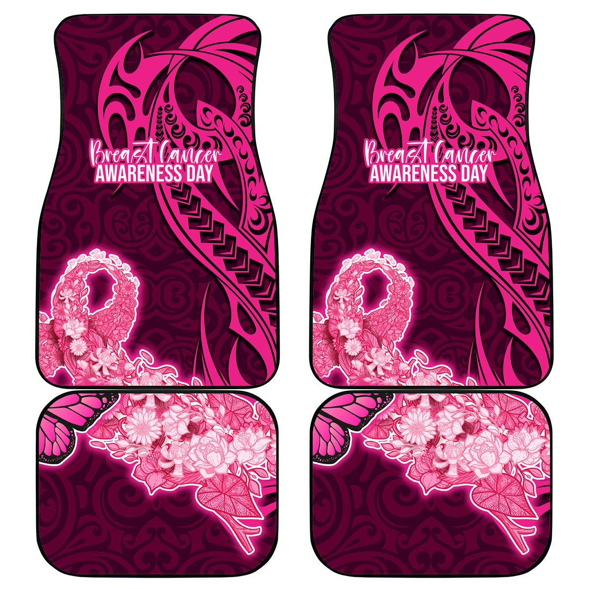 Polynesia Breast Cancer Car Mats Butterfly and Flowers Ribbon Maori Tattoo Ethnic Pink Style LT03 Pink - Polynesian Pride