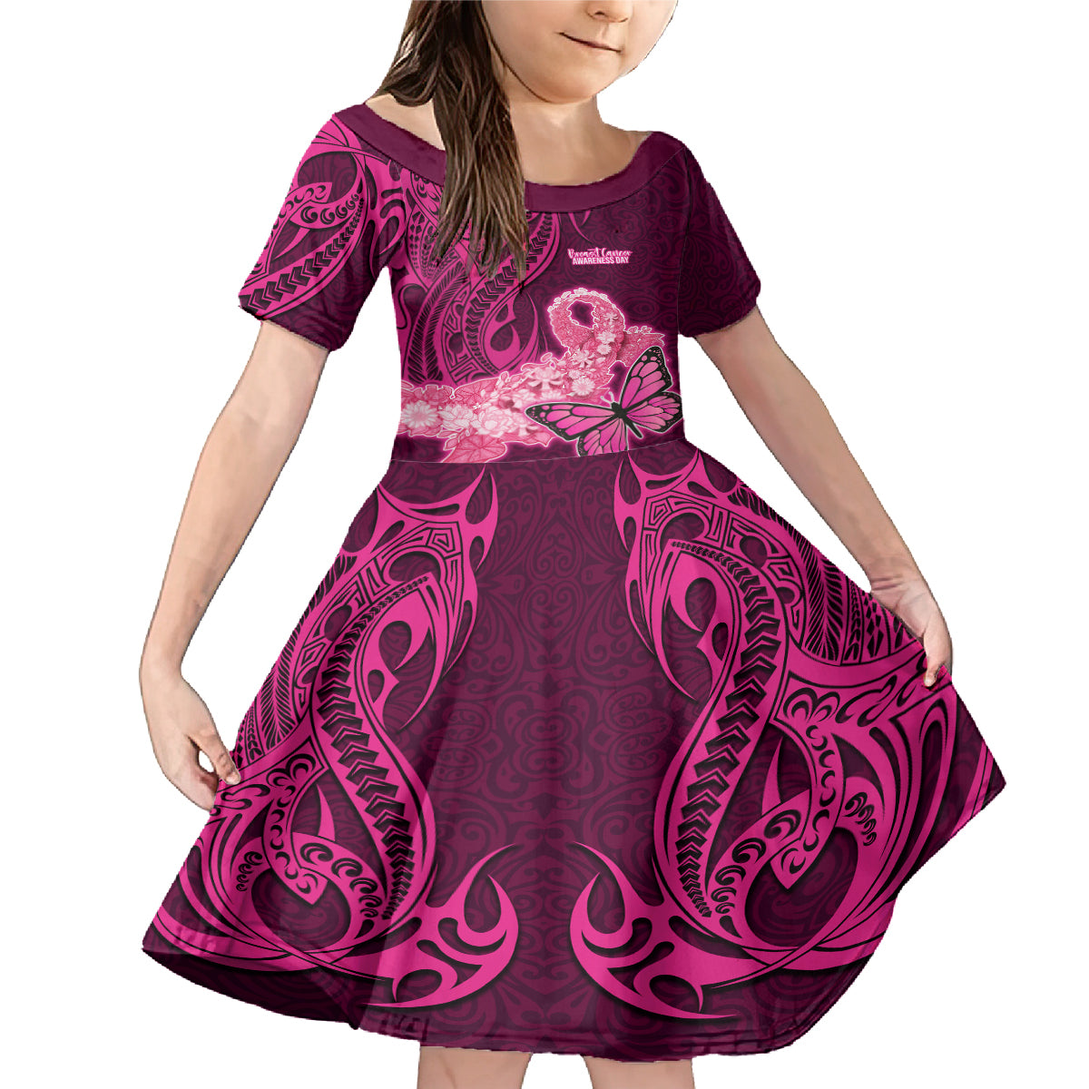 Polynesia Breast Cancer Family Matching Mermaid Dress and Hawaiian Shirt Butterfly and Flowers Ribbon Maori Tattoo Ethnic Pink Style LT03 Daughter's Dress Pink - Polynesian Pride