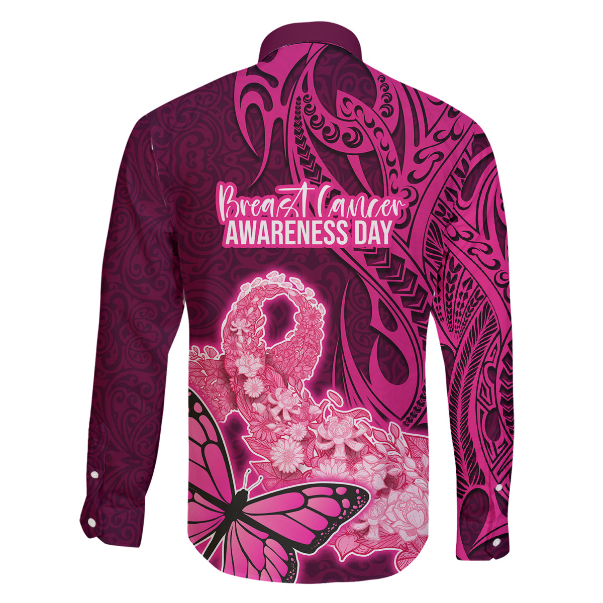 Polynesia Breast Cancer Family Matching Off Shoulder Long Sleeve Dress and Hawaiian Shirt Butterfly and Flowers Ribbon Maori Tattoo Ethnic Pink Style LT03 - Polynesian Pride