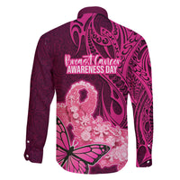 Polynesia Breast Cancer Family Matching Off Shoulder Long Sleeve Dress and Hawaiian Shirt Butterfly and Flowers Ribbon Maori Tattoo Ethnic Pink Style LT03 - Polynesian Pride