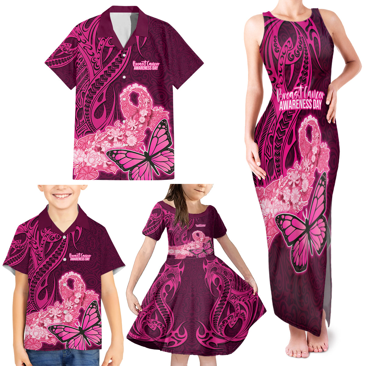 Polynesia Breast Cancer Family Matching Tank Maxi Dress and Hawaiian Shirt Butterfly and Flowers Ribbon Maori Tattoo Ethnic Pink Style LT03 - Polynesian Pride